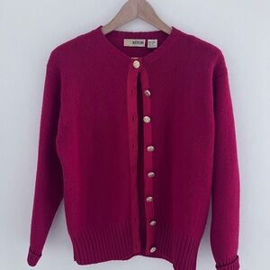 Vtg ASTON S red Hand Knitted 100% Wool Gold Crest Buttons Cardigan Sweater med